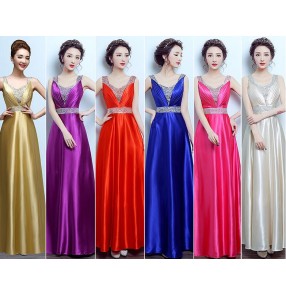Royal blue champagne gold fuchsia hot pink red violet A line rhinestones women's ladies f wedding bridal bridesmaid evening party performance V neck dresses
